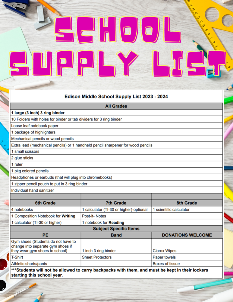 20232024 School Supply List Edison Middle School